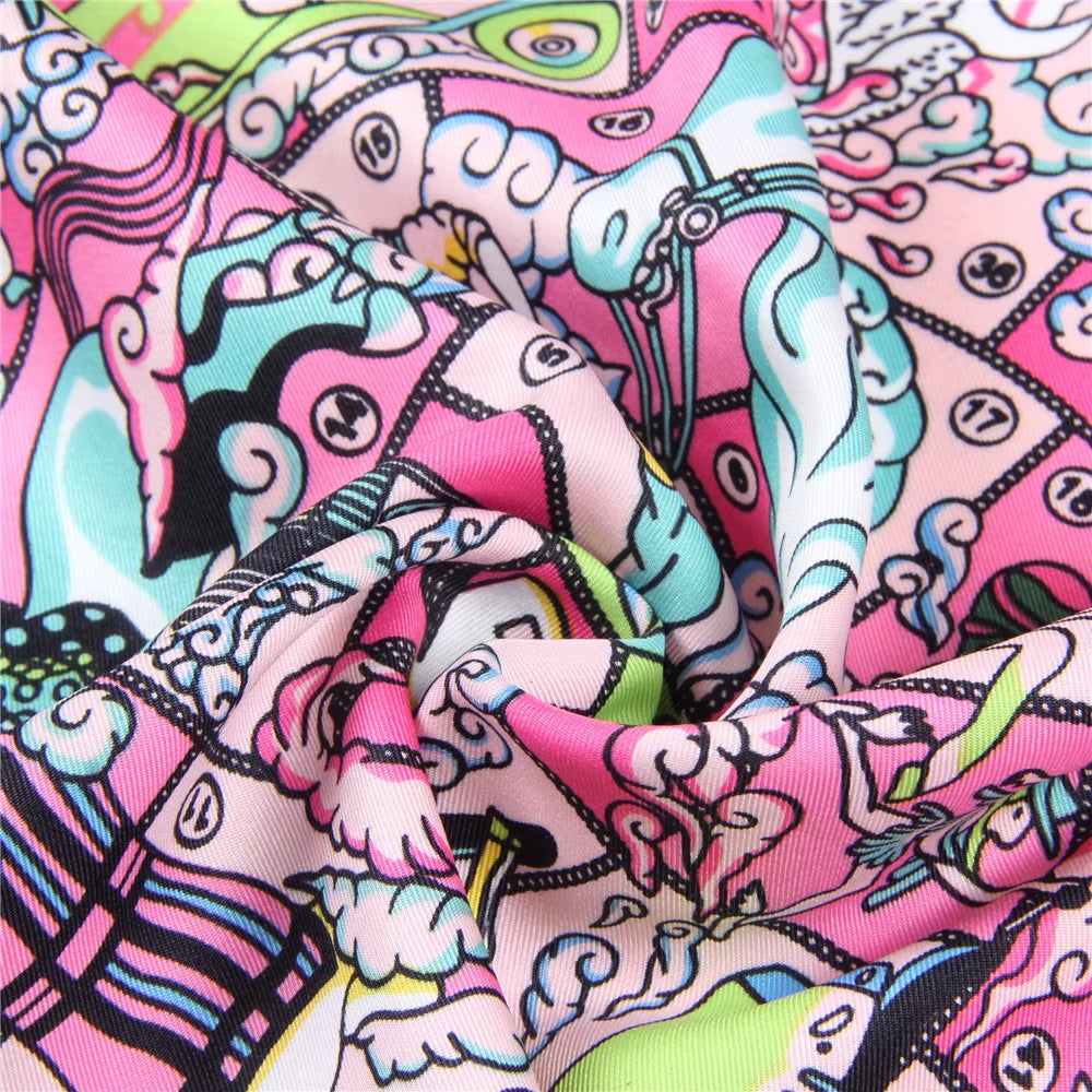 Manual Hand Rolled Twill Silk Scarf Women Hopi Print Square Scarves Wraps Echarpes Curled Foulard Femme Bandana Hijabs 90CM