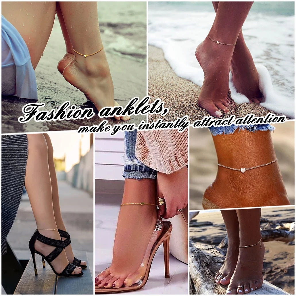 Summer Silver Anklets for Women Heart Ankle Bracelets 8.6"-10" Adjustable Foot Jewelry Gifts